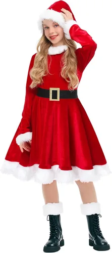 Vista 4 de Vestido de Mamá Noel para niñas, disfraz de Navidad, rojo, terciopelo, 4-10 años