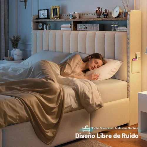Vista 7 de EnHomee Marco de cama Full tapizada con 3 cajones de almacenamiento, cabecera de almacenamiento de 2 niveles, marco de cama de plataforma con Beige
