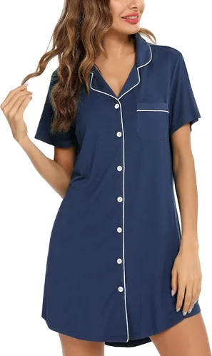 Vista 35 de Samring Camisón de pijama para mujer, manga corta/larga, con botones, camisón para dormir, camisón para novio, talla XXL