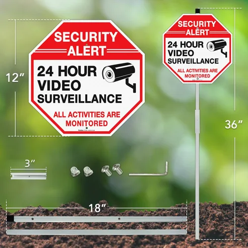 Vista 2 de Faittoo Letrero de seguridad para videovigilancia con estaca de 36 pulgadas para exterior, aluminio pesado libre de óxido, reflectante, resistente a