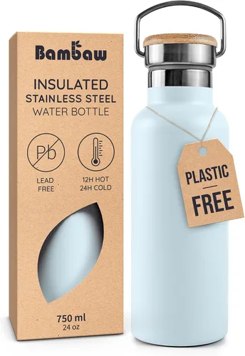 Vista 31 de Bambaw Botella de agua de acero inoxidable de 12 onzas, azul Egeo, 350 ml, de doble pared aislada, a prueba de fugas, apta para lavavajillas, sin