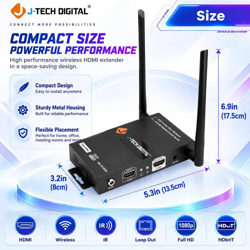 Vista 7 de J-tech Digital serie HDbitT de 1 x 2 inalámbrico HDMI se Extiende a 660 pies Antena doble admite full HD 1080P con transmisión de señal IR