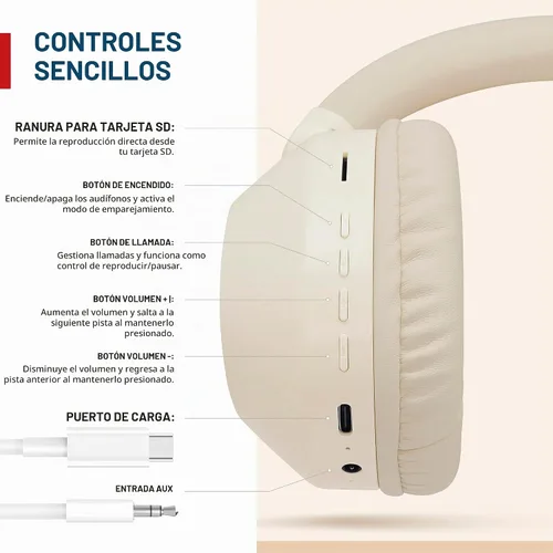 Vista 2 de Gabba Goods Auriculares inalámbricos Bluetooth sobre la oreja: graves profundos, controladores de 1.575 in, micrófono integrado, radio FM, Beige