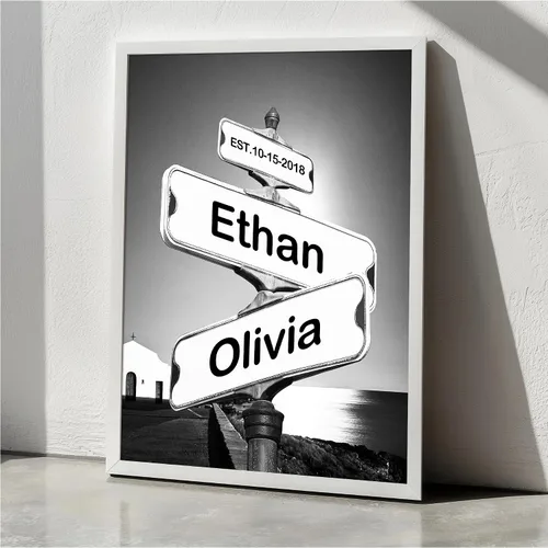 Vista 39 de CP CANVASPATH Letrero de calle con el nombre de la pareja y la fecha, impresiones personalizadas en lienzo del puente de Manhattan por la noche