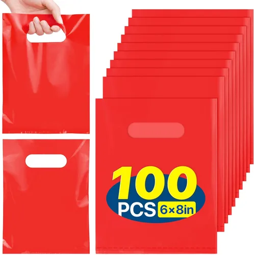 Vista 10 de ANZNKU 100 bolsas de regalo pequeñas multicolor con asa para dulces, muestras de bocadillos, manualidades, bolsa de regalo de plástico a granel