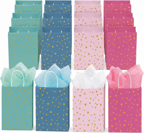 Vista 8 de Pajean Paquete de 32 bolsas de regalo de fiesta con temática de estrellas con asa, mini bolsas de regalo de papel kraft con pañuelos, suministros