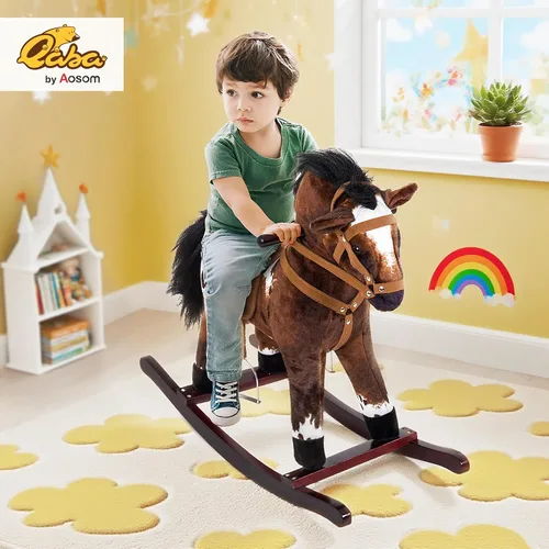 Vista 2 de Qaba Kids - Silla de montar de madera con peluche y mecedora con sonidos realistas, color marrón oscuro/blanco