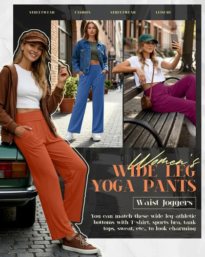 Vista 160 de Neer - Conjunto de 3 pantalones de yoga de pierna ancha para mujer - Pantalones deportivos cómodos, holgados, de cintura alta y casuales