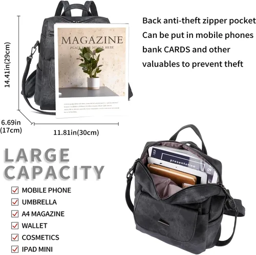 Vista 4 de Mochila para mujer, mochila de piel sintética, mochila antirrobo, mochila antirrobo de viaje, multiusos, ligera, impermeable, convertible, bolsa