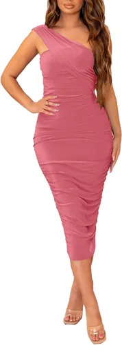 Vista 4 de Halfword Vestido midi sexy de un hombro para mujer, fruncido, entallado, con cordón, para fiesta nocturna, club, cóctel