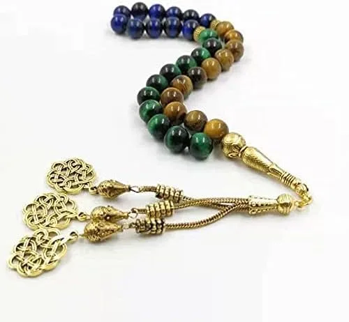Vista 6 de Tasbih musulmán amarillo azul verde ojo de tigre piedra rosario islámico cuentas joyería turca misbaha (0.315 in x 33 cuentas)