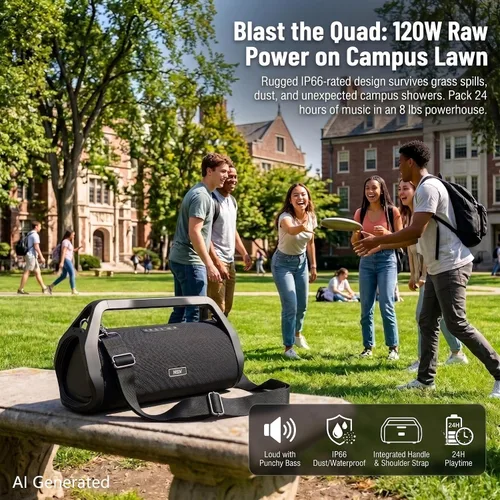 Vista 2 de Altavoz retro Bluetooth Boombox, sin luz, resistente IP66, resistente al agua, para campus al aire libre con graves intensos, tiempo de reproducción