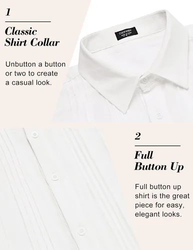 Vista 5 de COOFANDY Camisas de lino de algodón para hombre, ajuste relajado, manga corta, camisa con botones, plisada, guayabera