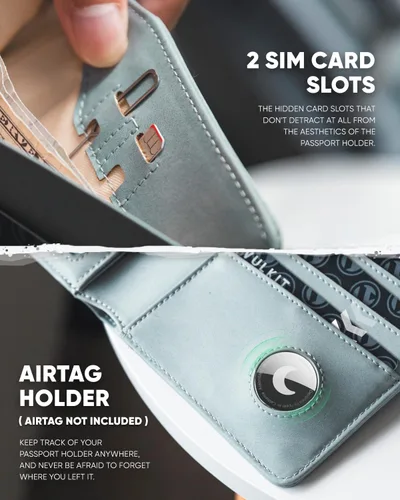 Vista 4 de VULKIT Cartera de pasaporte compatible con Airtag Holder Bifold Travel Card Holder, Azul, Moda