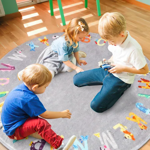 Vista 5 de Alfombra redonda ABC para niños, 4 pies con letras del alfabeto de animales, lavable, antideslizante, bonita alfombra para habitación de niños