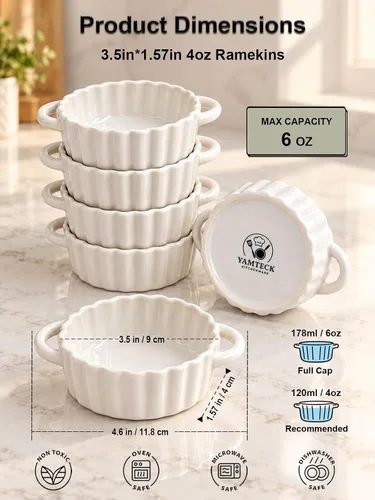 Vista 3 de 4 oz Ceramic Creme Brulee Ramekins with Two Handles, Souffles Dish 3.5*1.6in 6 Pcs Pudding Custard Cups; Healthy Glaze; Dipping Sauce Dishes; Gifts