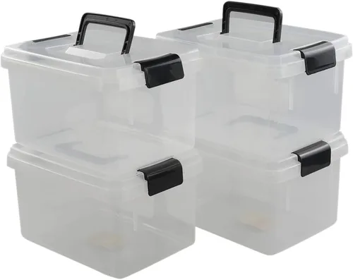 Vista 9 de Caja de almacenamiento de plástico de 10 L, caja de pestillo transparente con asa, juego de 4 Pestillos de bloqueo apretado, para armario, garaje