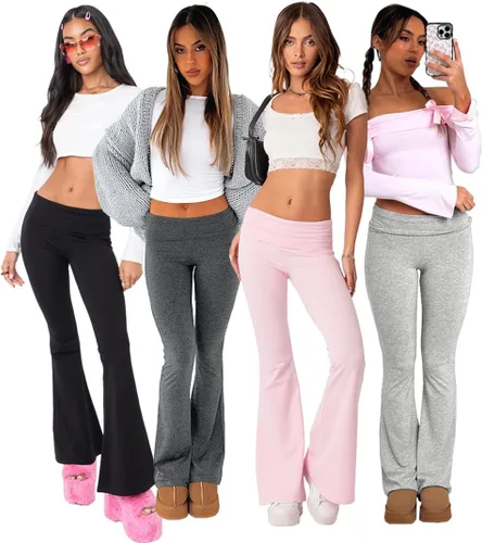 Vista 7 de Leggings acampanados para mujer, cintura elástica doblada, pantalones de yoga para entrenamiento, pantalones casuales ajustados con corte de bota
