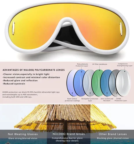 Vista 5 de NULOOQ Gafas de sol de moda con máscara ondulada para mujeres y hombres, de gran tamaño, color plateado, con escudo futurista, estilo de diseñador