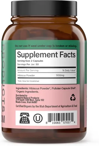 Vista 3 de Complete Natural Products Cápsulas de hibisco orgánico, 550 mg, 100 unidades, a base de plantas, polvo de flores orgánicas para apoyo antioxidante