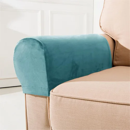 Vista 3 de Juego de 2 fundas elásticas de terciopelo para reposabrazos, sillas y sofás, fundas para sofá reclinable, antideslizantes, suaves y lavables, Azul