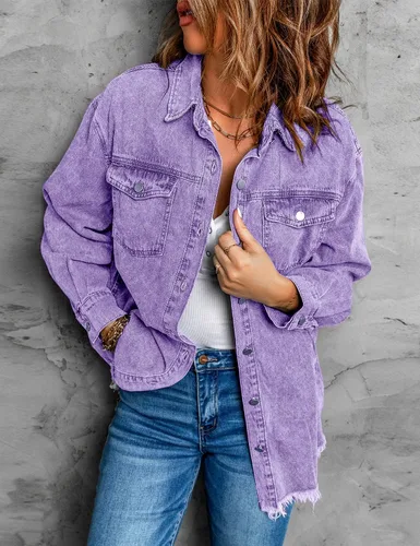 Vista 10 de Vetinee Chaqueta de mezclilla de gran tamaño con botones y dobladillo deshilachado para mujer