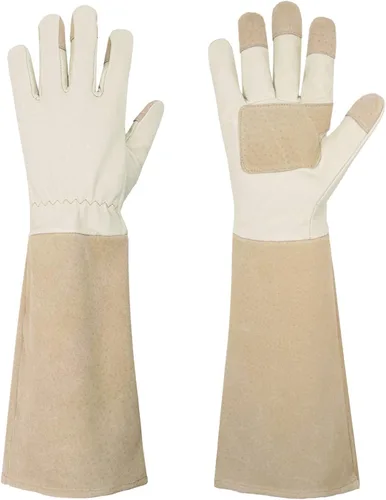 Vista 2 de HANDLANDY Paquete - 2 pares: guantes largos de jardinería para poda de rosas, guantes de trabajo de patio resistentes para mujer, color beige