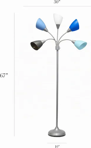 Vista 3 de Simple Designs LF2006-SBG 67" Lámpara de pie contemporánea con múltiples cabezales Medusa de 5 luces ajustable de cuello de ganso en plata con Tonos