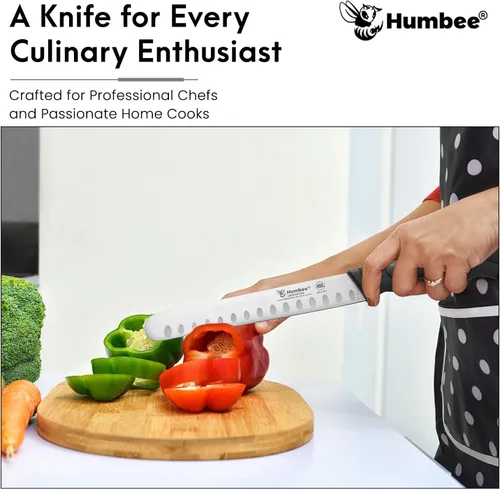 Vista 3 de Cuchillo de chef de 8 pulgadas con borde Granton para rebanar jamón y carne de pavo Certificado NSF Hoja de acero inoxidable alemán Mango