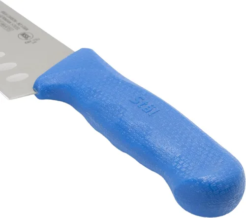 Vista 2 de Winco KWP-70U Stäl Stäl - Cuchillo Santoku de 7 pulgadas, hoja de acero inoxidable, borde hueco de Granton, mango de plástico azul