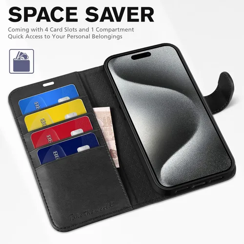 Vista 7 de Funda tipo billetera TUCCH para iPhone 15 Pro Max, con bloqueo RFID, con soporte para 4 tarjetas, a prueba de golpes, con interior de TPU, con funda