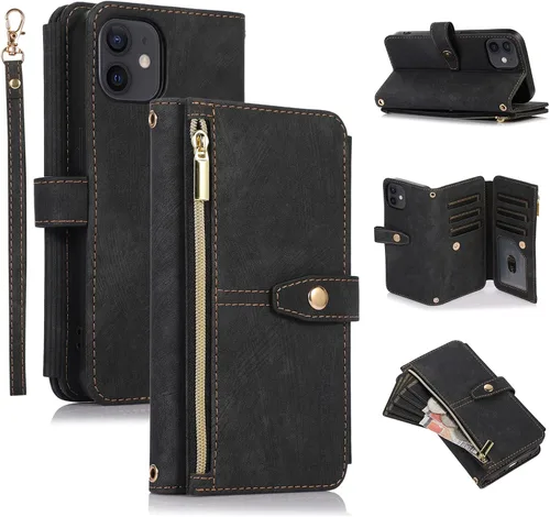 Vista 11 de UEEBAI Funda tipo cartera para iPhone 11 de 6.1 pulgadas, 9 ranuras para tarjetas retro con bolsillo con cremallera, cierre magnético, función atril