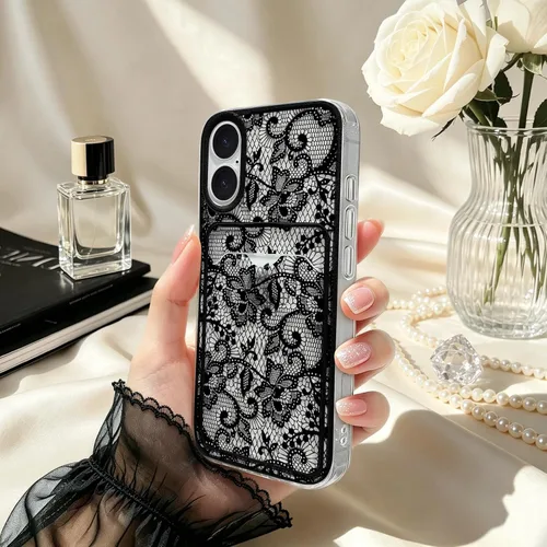 Vista 6 de NITITOP Para iPhone 16 Funda Transparente Linda Flor De Encaje - Flor Negra negro (Black Bloom)