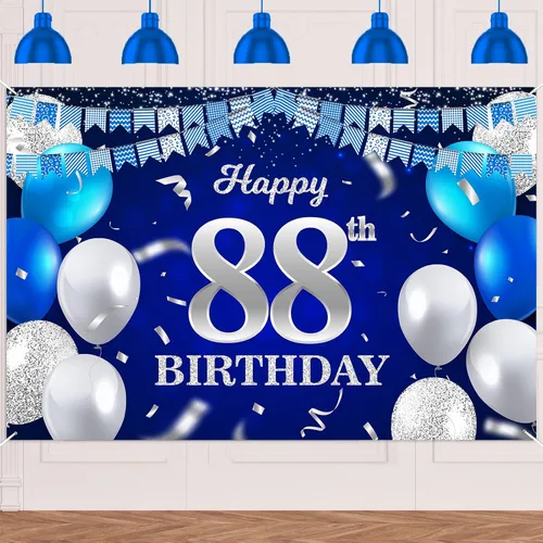Vista 9 de Bandera de feliz primer cumpleaños con fondo azul marino, globos, confeti, bandera de rayas, luces de puntos, felicitaciones por el tema de 1 año