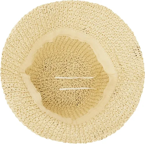Vista 3 de Sombrero de paja para mujer, sombrero de playa plegable, sombrero de ala ancha, Flor beige-azul