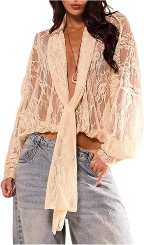 Vista 19 de SOLY HUX Blusa de encaje para mujer, manga larga, malla transparente con lazo frontal Marrón (pure brown)