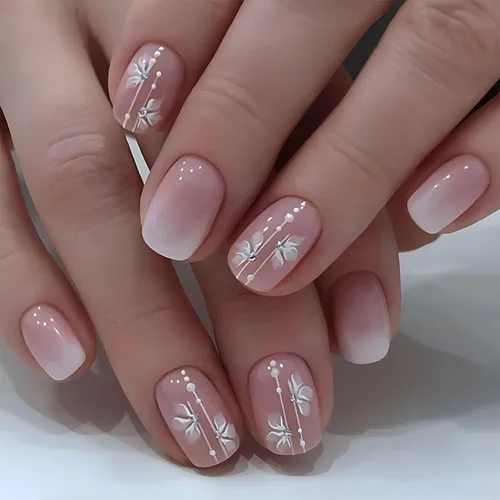 Vista 34 de Uñas postizas a presión de mariposa - Uñas falsas cortas cuadradas con diseños en relieve 3D, punta francesa blanca, acabado mate, acrílico rosa