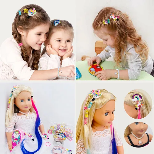 Vista 4 de Accesorios para el cabello de muñeca de 18 pulgadas para muñecas American OG, cepillo de pelo, kit de unicornio arco iris, accesorios para niñas