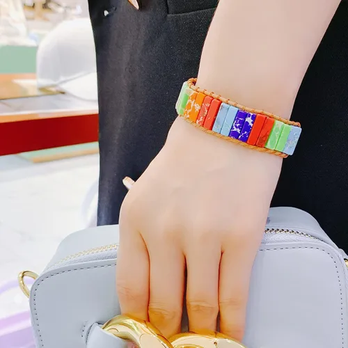 Vista 5 de Pulsera de cuero de chakras, hecha a mano, bohemia, girasol, piedra real, pulseras para mujeres y niñas, tejido de yoga curativo, joyería