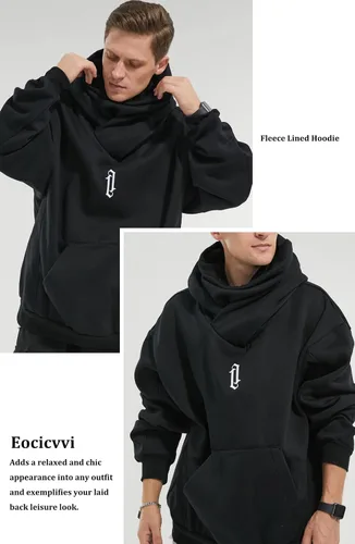 Vista 2 de Sudaderas con capucha de forro polar para hombre, sudaderas con cuello vuelto, sudaderas casuales para otoño e invierno, ajuste holgado con bordado