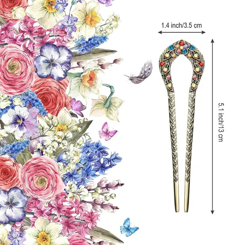 Vista 3 de Waydress 5 horquillas de pelo vintage para moños, pinzas de metal para moños, palillos de cristal con diamantes de imitación de doble punta, pasador