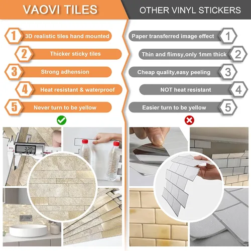 Vista 7 de VAOVI Azulejos autoadhesivos para salpicaduras de cocina, azulejos estilo metro lineal de mosaico de piedra para baño, pared de ducha impermeable