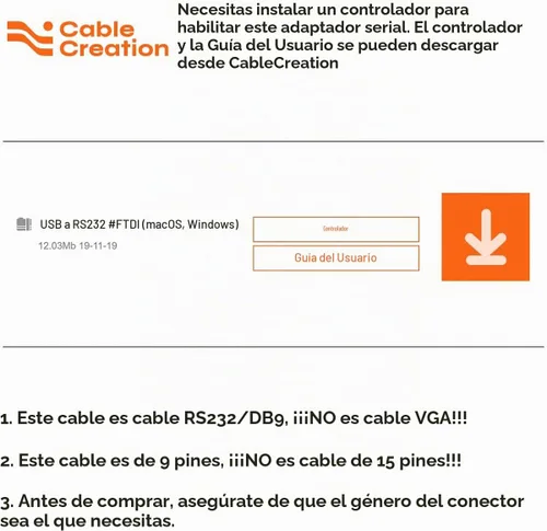 Vista 3 de CableCreation Adaptador serie DB9 macho USB a RS232, chipset FTDI, 9 pines