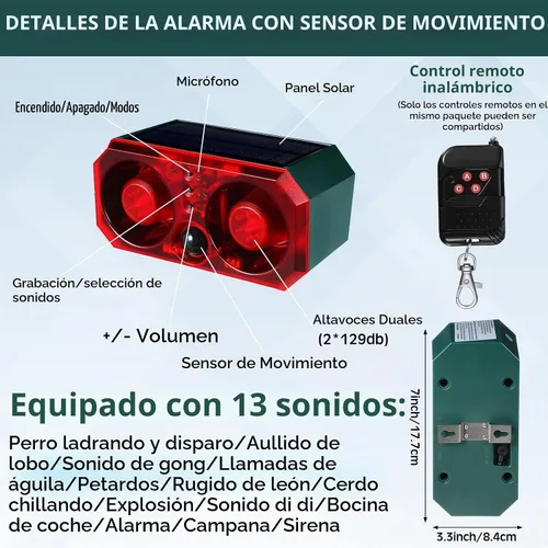 Vista 2 de Qualirey - 2 unidades de alarma solar con sensor de movimiento para exteriores con estaca disuasorio de animales, sensor de ladridos de perro, 13
