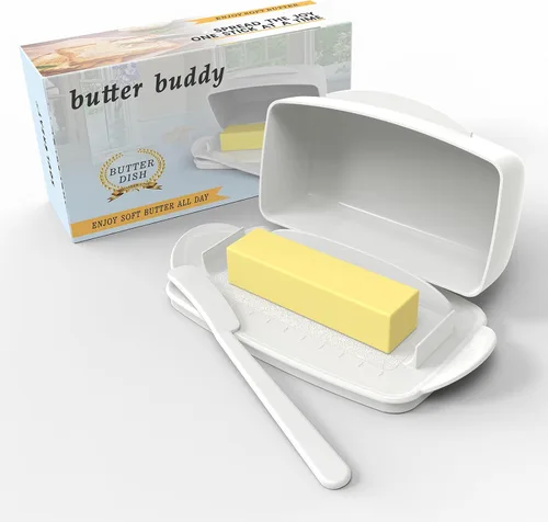 Vista 6 de Mantequilleras con tapa para encimera y refrigerador, plato de mantequilla de plástico transparente con tapa abatible y esparcidor, recipiente