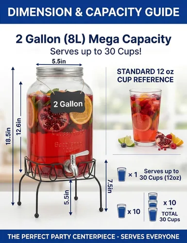 Vista 3 de Dispensador de bebidas de vidrio de 2 galones con soporte, cilindro de hielo, grifo y tapa a prueba de fugas de acero inoxidable, dispensador