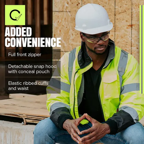 Vista 5 de Pioneer Hi Vis Work Jacket for Men - Waterproof Safety Bomber with Reflective Tape- Meets ANSI Class 3 - Winter Rain Jacket with Detachable Hood