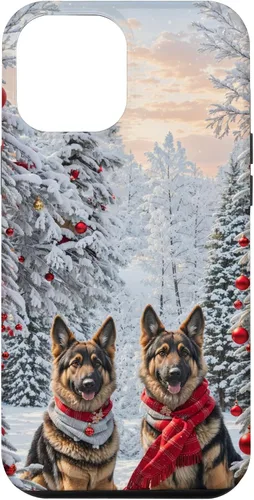 Vista 25 de iPhone 16 Lindo perro pastor alemán en paisaje nevado feliz Navidad caso