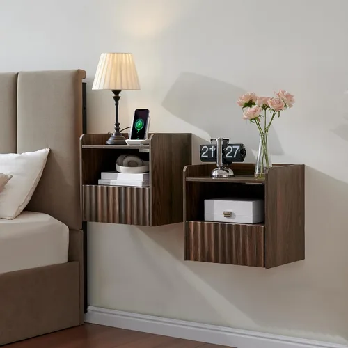 Vista 11 de BuildHom Moderna mesita de noche flotante acanalada montada en la pared, juego de 2 mesitas de noche con cajón de almacenamiento y estante