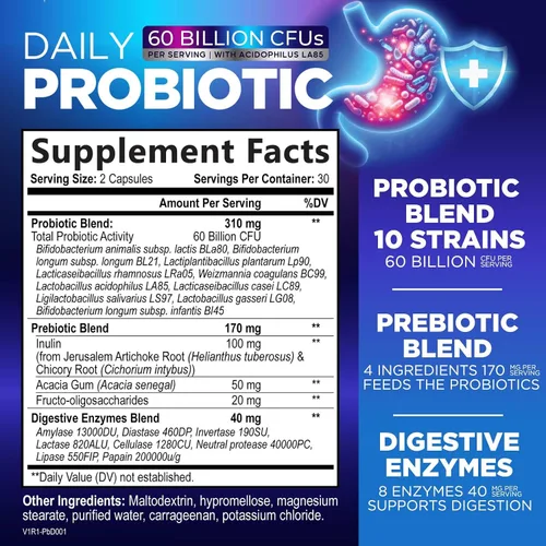 Vista 2 de Probióticos 60 mil millones de UFC por porción – 10 cepas premium + enzimas digestivas y prebióticos – El mejor probiótico para mujeres y hombres